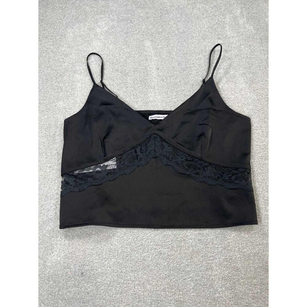 Abercrombie & Fitch Cami Top L Black Lace Inset Satin Look Side Zip Coquette - Picture 2 of 9